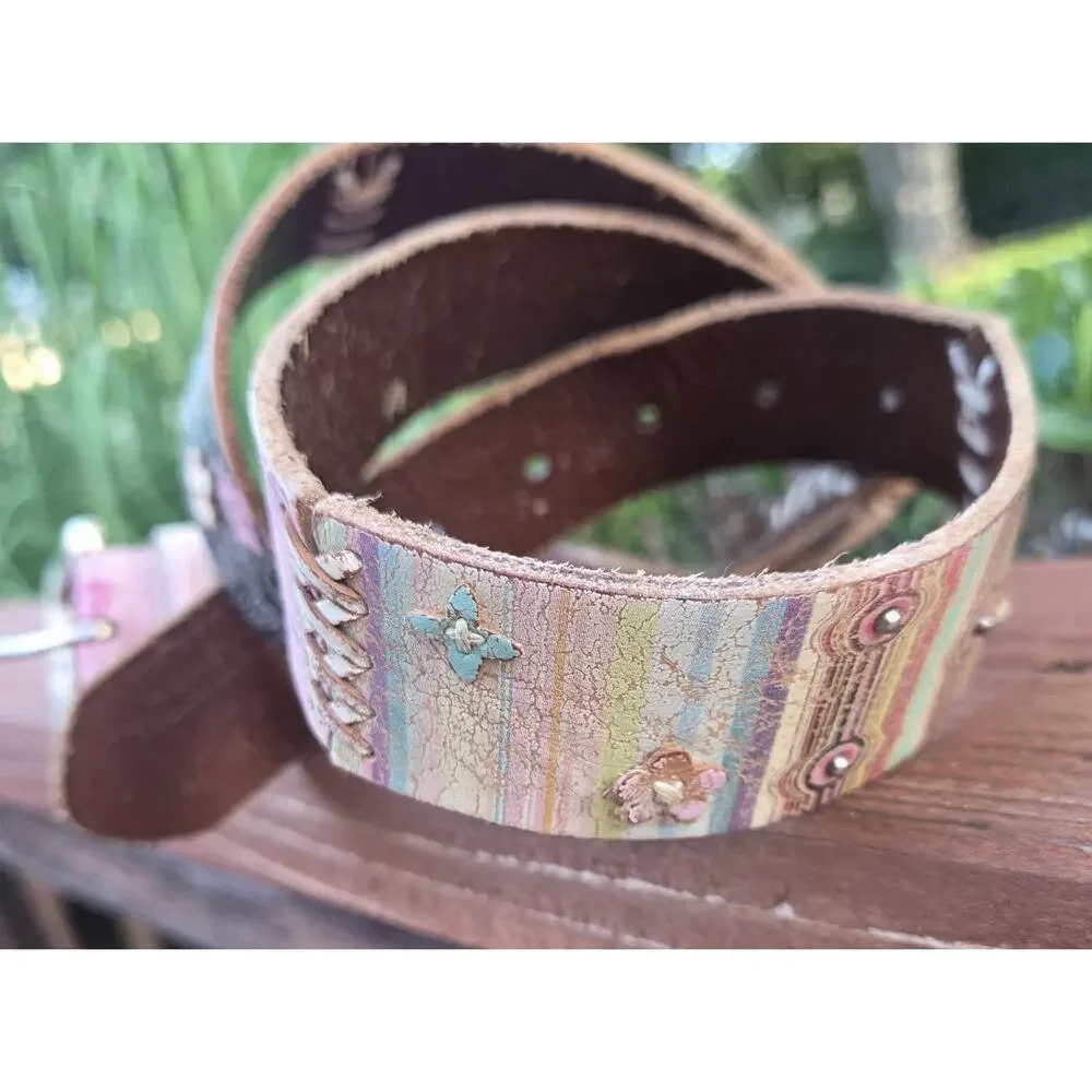 Fossil Boho Floral Leather Belt Pink Turquoise Whipstitch Western Festival L